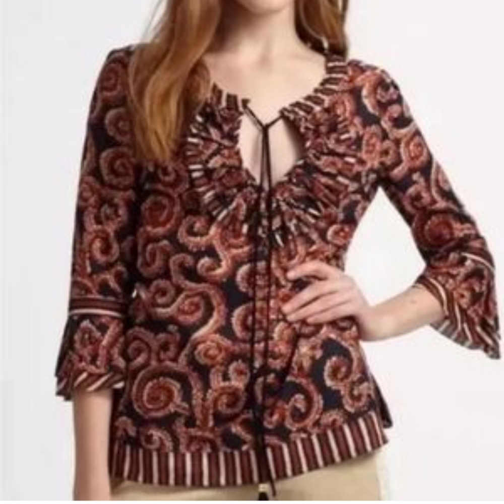 Tory Burch Gwenna Pleated Ruffle 3/4 Sleeve Tunic Top